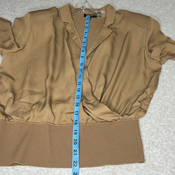 Theory Womens Large Truffle Brown Faux Wrap Front V Neck Notched Collar Silk Top - Picture 7 of 13